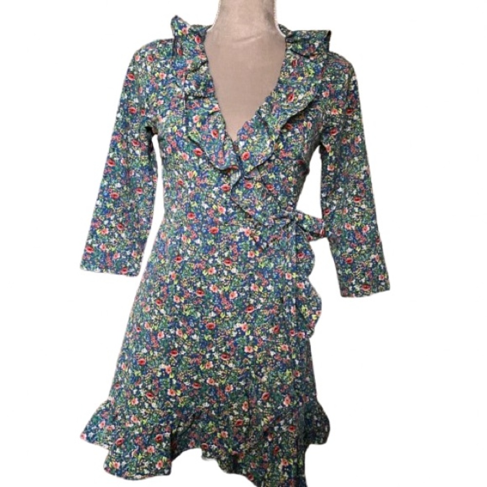 Topshop Blue‎ Floral Garden Ruffle Wrap dress. Worn